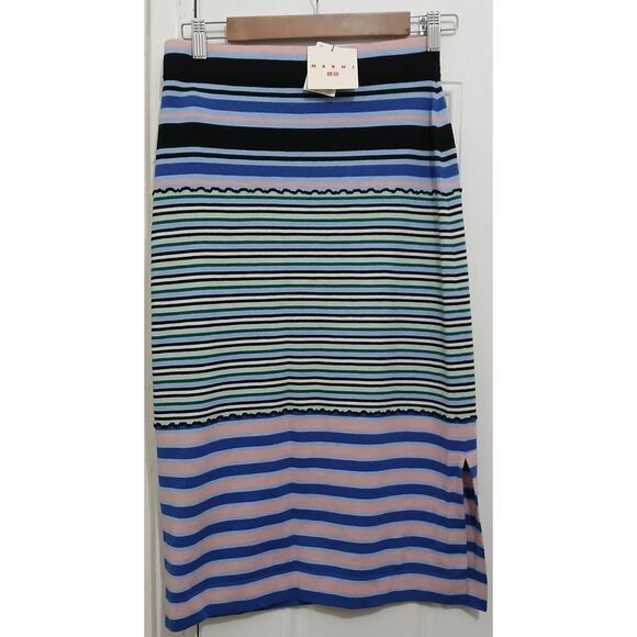 Marni uniqlo womens small wool blend pencil skirt stripe blue and peach - Picture 1 of 7